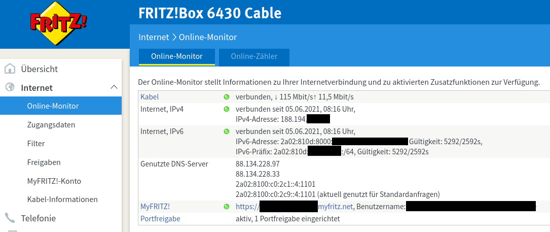 Vodafone Dualstack FritzBox 6430 Onlinemonitor